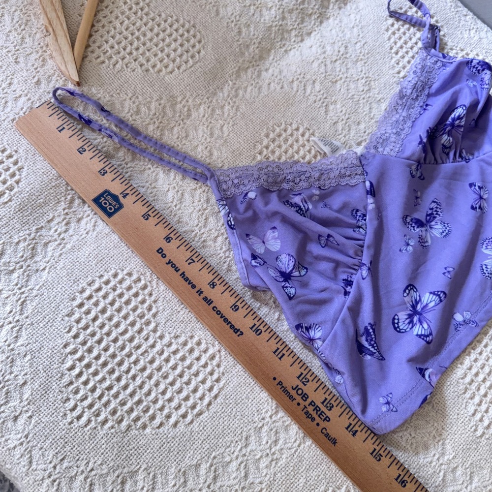 Full Tilt Cami Purple Butterfly Babydoll Festival Lace Trim V-Neck Crop Top Y2K - Picture 3 of 10